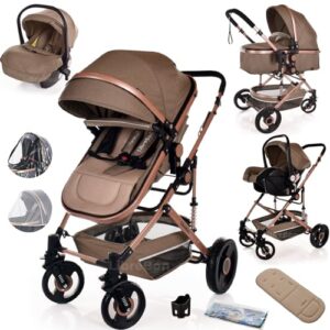Baby Pram Pushchair Buggy with Car Seat Lightweight Stroller Folding Strollers 3 in1 Travel System Baby Trolley Baby Pram for Newborns Toddlers 0-36 Months (Beige Rose Gold)