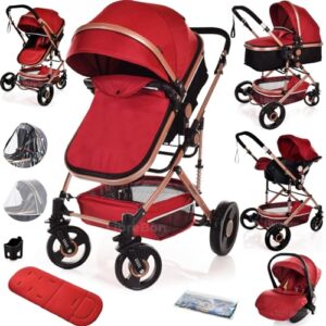 Baby Buggy Pram Pushchair 3 in 1 Child Lightweight Folding Stroller Compact 3 in 1 Travel System Pram for Newborns & Toddlers 0-36 Months from Birth (Red)