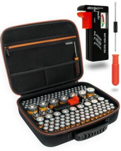 AKIELO+ Battery Storage Case with Universal Battery Tester and Screwdriver Included – Clutter-Free Battery Organiser Storage Case – Holds 150+ Batteries AAA