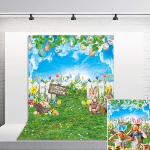 BINQOO Blue Sky Happy Easter Rabbit Photography Backdrop Spring Bunny Colorful Eggs Wood Fence Garden Grass Lawn Background Kids Easter Party Decoration (6x8FT(width 180cm x Height 240cm))