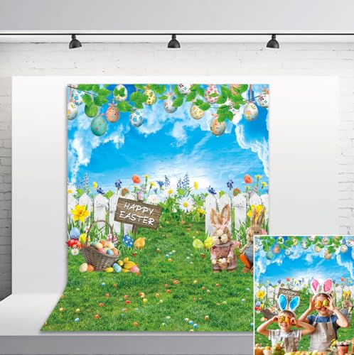 BINQOO Blue Sky Happy Easter Rabbit Photography Backdrop Spring Bunny Colorful Eggs Wood Fence Garden Grass Lawn Background Kids Easter Party Decoration (6x8FT(width 180cm x Height 240cm))