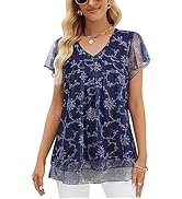 Syphiby Womens Tops V Neck Ladies Tops Ruffle Short Sleeve Blouses Flowy Mesh Tunic Tops Casual T...