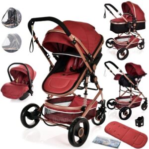 Baby Pram Pushchair Buggy with Car Seat Lightweight Stroller Folding Strollers 3 in1 Travel System Baby Trolley Baby Pram for Newborns Toddlers 0-36 Months (Red Rose Gold)