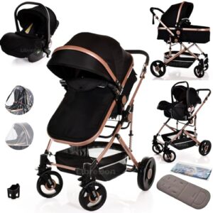 Baby Buggy Pram Pushchair 3 in 1 Child Lightweight Folding Stroller Compact 3 in 1 Travel System Pram for Newborns & Toddlers 0-36 Months from Birth (Black)