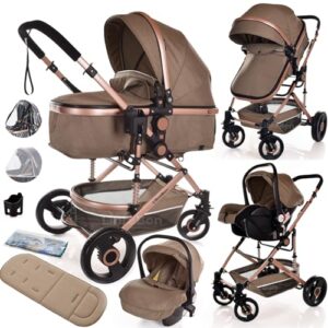 Baby Buggy Pram Pushchair 3 in 1 Child Lightweight Folding Stroller One Size Ffts All 3 in 1 Travel System Pram for Newborns & Toddlers 0-36 Months from Birth (Beige - Rose Gold Frame)