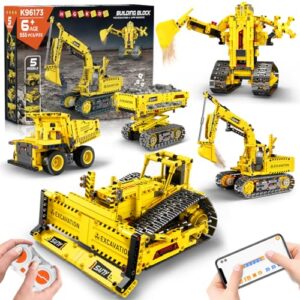 HOGOKIDS 5-in-1 Technic RC Building Toys - App & Remote Control Building Set for Kids Engineering Bulldozer/Excavator/Robot/Dump Truck/Lift Truck STEM Construction Gift for 6-12+ Years Old Boys Girls