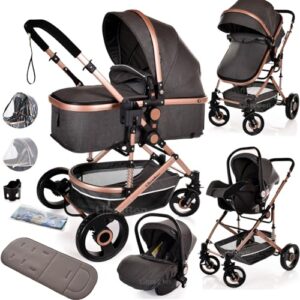 Baby Pram Pushchair Buggy with Car Seat Lightweight Stroller Folding Strollers 3 in1 Travel System Baby Trolley Baby Pram for Newborns Toddlers 0-36 Months (Grey Gold)