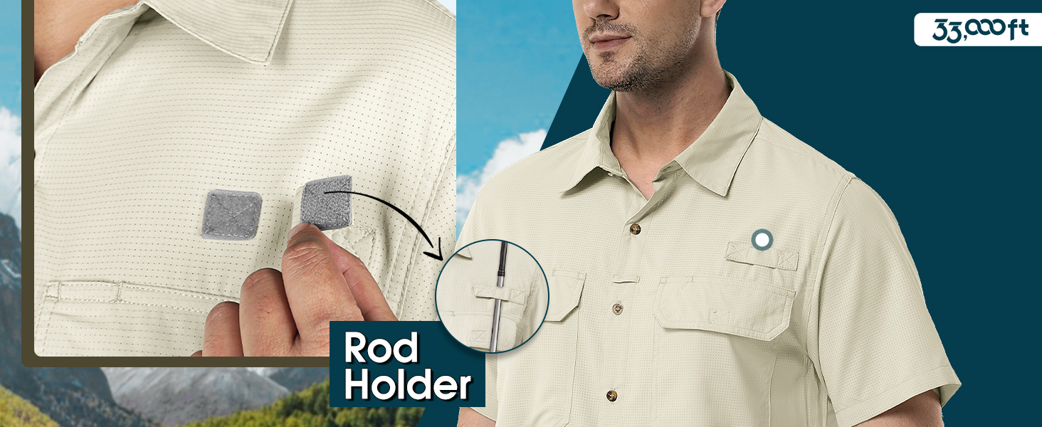 Men's Short Sleeve Shirts 50+ UV Protection Outdoor Button-Down Shirt with Pockets Rod Holder