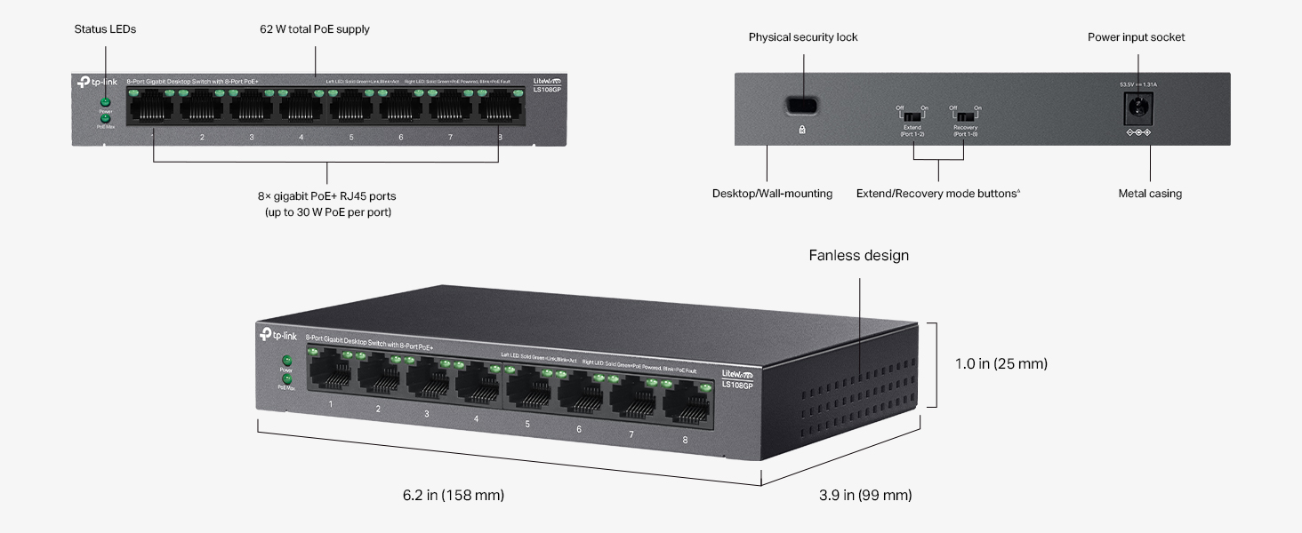 8-Port Gigabit Desktop Switch with 8-Port PoE+,62 W PoE Budget, Up to 250 m PoE Transmission