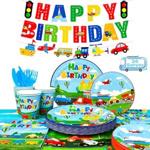 190pcs Transportation Birthday Party Supplies Tableware Set Including Car Train Plane Birthday Banner Tablecloth Plates Cups Napkins etc Transportation Theme Party Supplies for Boys Kids Birthday