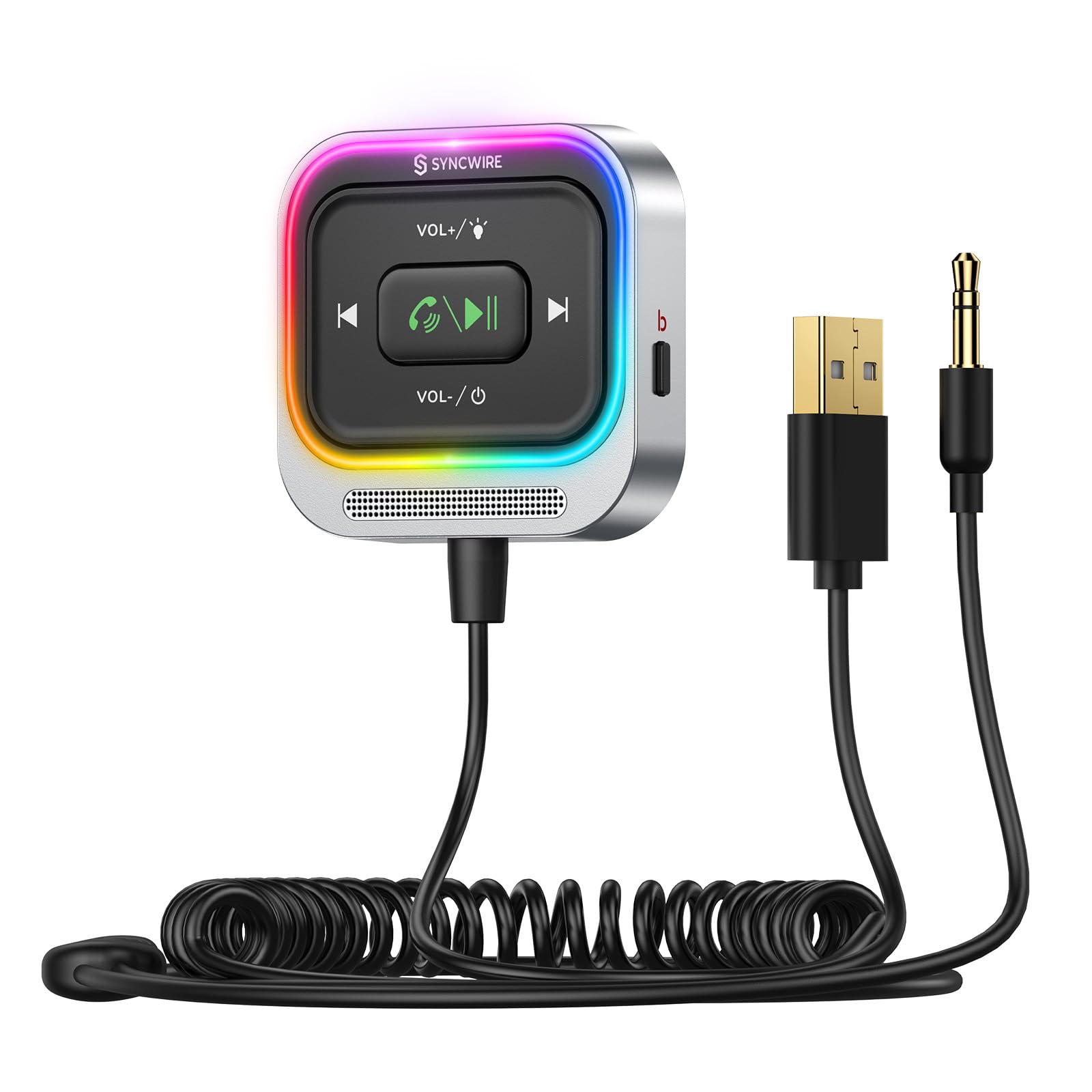 Syncwire Car Bluetooth 5.4 Receiver 3.5mm Aux Adapter Bluetooth Receiver Car Kit with Coiled Cable [Large Mic Noise Cancellation] [Hands-Free Calling] [Deep Bass HiFi Stereo] [Colorful Light Switch]