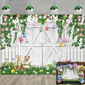 Spring Easter Backdrop for Photography 7x5FT Green Grass Flowers Easter Eggs Rabbit White Barn Wood Door Background Kids Easter Party Decorations Supplies