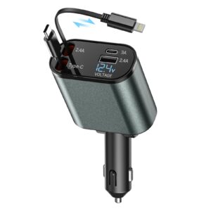 LUOCAI Retractable Car Phone Charger 4 in 1 Retractable Car Charger 100W Fast Charge with Retractable Cables and Voltage Display