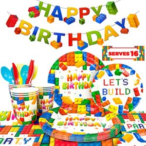Building Block Party Supplies Tableware-129pcs Colorful Building Block Birthday Party Decor Set