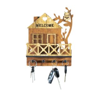 STICKY PANDA Key Holder for Wall Decorative-Wooden Key Organiser Key Hooks Wall Mounted for Home-Key Rack with 2 Way Installation Self Adhesive or Drilling (Village Theme)