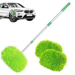 Munnie Car Cleaning Brush | Car Wash Cleaning Kit for Truck Van Caravan | Microfibre Mop with Mittens | Extendable Pole with 3 Different Lengths 60-106cm | With 2 x Scratch Free Mop Heads