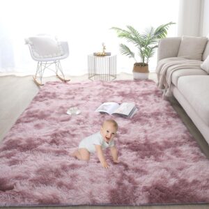 Gsogcax Rugs Living Room 4'×5.3' Super Soft Fluffy Area Rugs for Bedroom Shaggy Anti-Skid Comfortable Large Rugs Indoor Modern Home Decor Floor Carpet - Pink 120x160 (Tie-dye)
