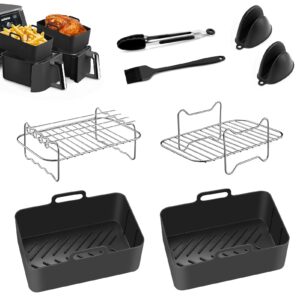 Immver Air Fryers Accessories for Ninja Dual Air Fryers AF300UK AF400UK,Set of 8,2 Reusable Silicone Air Fryer Liners,2 Air Fryer Rack with 4 Skewers,2 Silicone Gloves,Kitchen Tongs,Oil Brush,Black