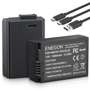 ENEGON EN-EL25/ EN-EL25A USB C Direct Charging Replacement Batteries 1600mAh (2-Pack) with 2 in 1 USB-C Charging Cable for Nikon Z Series