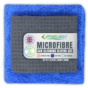Towelogy Car Cleaning Cloths Set | 500GSM Ultra Soft XL Microfibre Drying Towel 60x40cm | Large Microfibre Waffle Weave Car Window Cloth 60x40cm | Set of 2 Car Washing Kit (Blue & Grey)