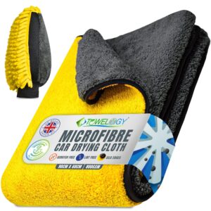 Towelogy X06 XL Professional Microfibre Car Drying Towels Extra Large 90x60cm & Premium Car Wash Mitt Set | Heavy Duty Quick Drying Dual Sided Auto Cloth (Yellow/Grey)