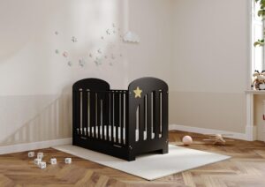 Viculii Bonnie Baby Cot with Drawer and Mattress 120x60x10cm | Baby Black Cot Converts to Child's Bed and Mattress