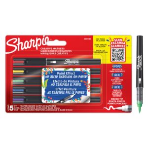 Sharpie Creative Marker Acrylic Paint Pens | Water-Based Paint Markers | No-Bleed Ink Writes on Most Surfaces | Brush Tip | Assorted Colours | 5 Cou
