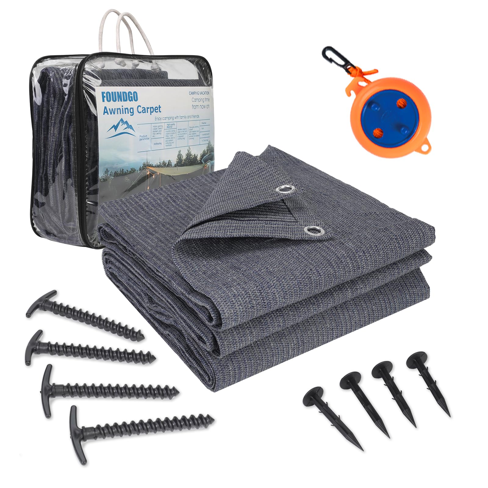 FoundGo Awning Carpet with Eyelets [280g/m² HDPE] Outdoor Camping Carpet Breathable Awning Flooring including Carrying Bag T-Pins Steel Nails & Clothesline Blue/Grey 300x600cm