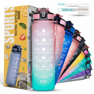 Water Bottle 1000ml Sports Water Bottle with Motivational Time Marker & Straw