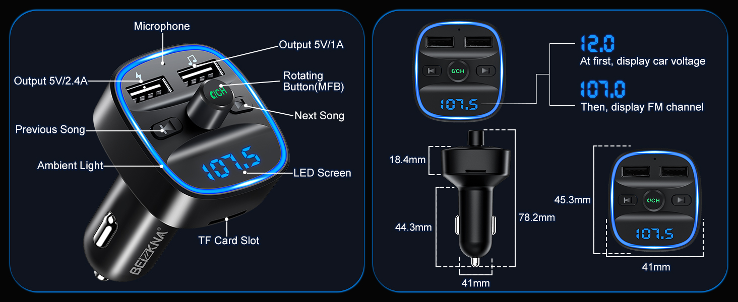 Bluetooth 5.3 Transmitter Wireless Car Radio Adapter with 2 USB Pot, FM Bluetooth Transmitter