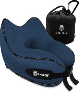 SNUGL Travel Pillow - Memory Foam Neck Cushion - Flight Pillow | Support Neck Pillow for Travel | Travel Neck Pillow for Airplane with Carry Bag & Clip | Flying Travel Essentials (Navy - Small)