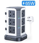 KOOSLA Dual 20W USB C Tower Extension Lead [PD 3.0/QC 3.0], 12 Way Extension Tower with 4 USB A O...