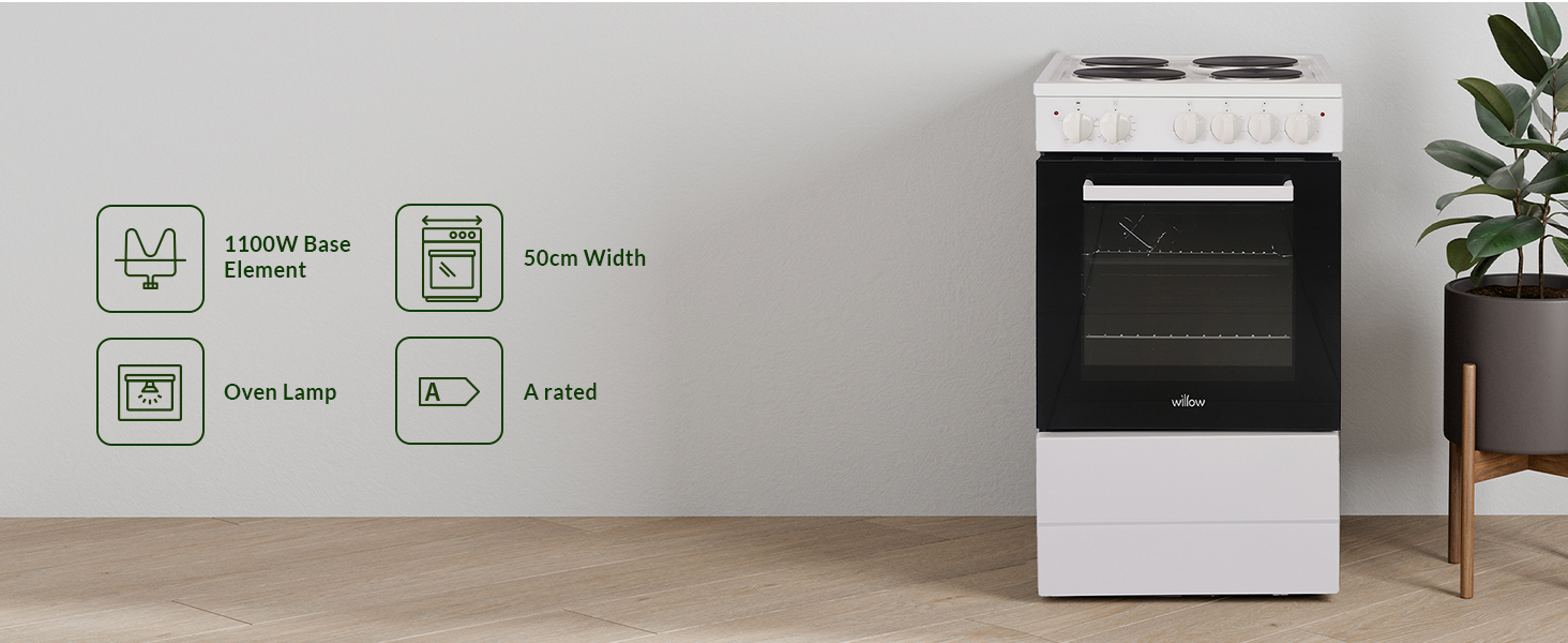Willow cooker feature icons, 1.1Kw power, oven lamp, 50cm wide, A energy rated