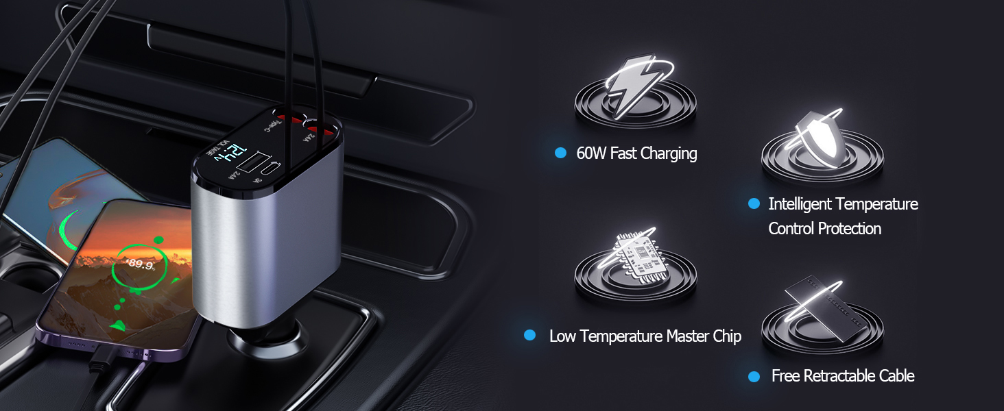 Thlevel Retractable USB C Car Charger Socket