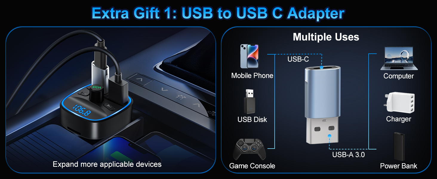 Bluetooth 5.3 Transmitter Wireless Car Radio Adapter with 2 USB Pot, FM Bluetooth Transmitter