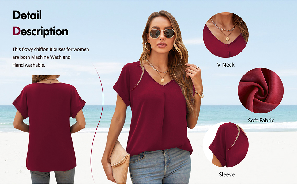 Chiffon Blouses for Women Summer Casual V Neck Work Blouses Elegant Short Sleeve Blouses