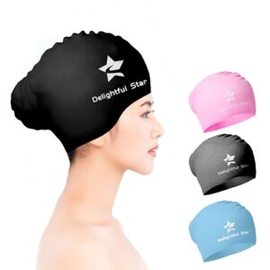 DELIGHTFUL Long Hair Swimming Cap. Durable & Waterproof Silicone Swimming Cap for All Ages