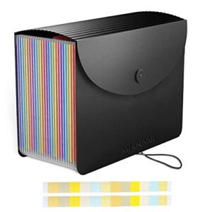 Meknaail File Organiser 24 Pockets Document Organiser Expanding Accordion Filing Folders for Paperwork A4 Size with Lid and Colour Labels Rainbow Document Box for Paper and File Storage (24 Pockets)