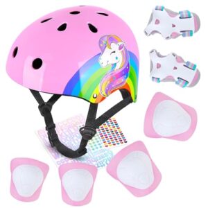 MHJY Kids Bike Helmet and Pads Set With DIY Stickers Girl Knee and Elbow Pads Unicorn Adjustable Safety Gear Set for Children Age 3-5-8 Years Bicycle