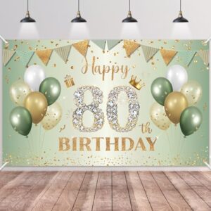Happy 80th Birthday Banner Sage Green Gold