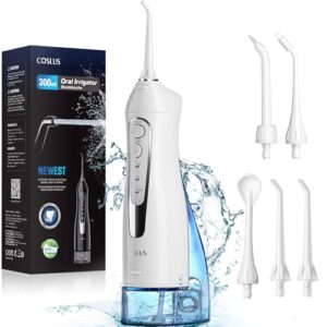 COSLUS Water Dental Flosser Teeth Pick: Portable Cordless Oral Irrigator 300ML Rechargeable Travel Irrigation Cleaner IPX7 Waterproof Flossing Machine for Teeth Cleaning