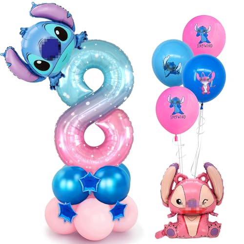 Topeedy 40inch 8th Birthday Party Balloon and Stitch Foil Balloons,18pcs Balloon set for Kid's Birthday Party Decoratio