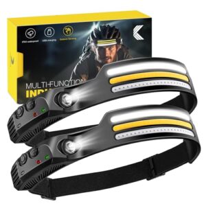 konqkin 2-Pack-Head Torch Rechargeable-Super-Bright-LED-Headtorch-Headlamp with Sensor Control-Headlight-IPX4 Waterproof-Adjustable Strap-Lightweight-for Running-Camping-Cycling-Fishing