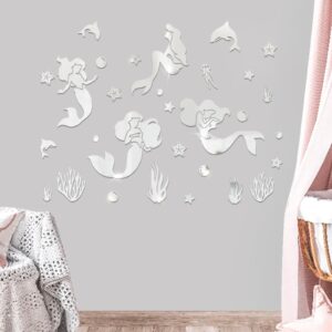 wooshwa 3D Acrylic Mirror Wall Stickers Mermaid Wall Decals for Girls Bedroom Baby Nursery Kids Room(Silver)