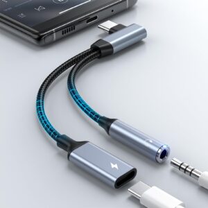2 in 1 USB C to 3.5mm Jack Headphone Charger Adapter Right Angle