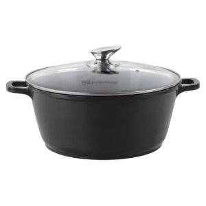 SQ Professional NEA Die-Cast Aluminium Stockpot with Lid 3-Layer Non-Stick Coating - Stew pots - Tempered Glass Lid with Steam Vent Casserole pan (Nera