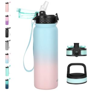 GOPPUS 600ml/20oz Stainless Steel Water Bottle with Straw Insulated Sports Bottle Cold Flask with Straw Double Walled Flip up Metal Water Bottles Leakproof Water Bottle for Gym Sports