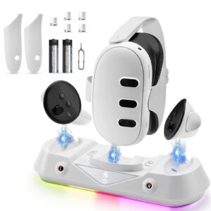 Qynoba Meta Quest 3 Charging Dock VR Headset Charging Stand for Oculus/Meta Quest 3 Magnetic Charging Station for VR Headset and Touch Controllers High Speed Charging Stand with RGB Light 2 Battery