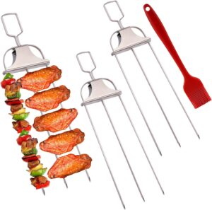 3 Pcs 3 Way Grill Skewers Stainless Steel Barbecue Skewers with Push Bar Slider Brush and Bag Reusable BBQ Grill Skewers for Meat Vegetables Chicken Sausages BBQ Accessories