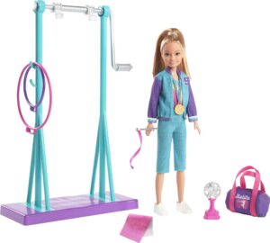 Barbie GBK59 Team Stacie Doll and Gymnastics Playset with Spinning Bar and 7 Themed Accessories